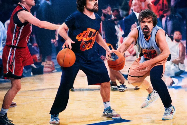 Image similar to peter dinklage playing basketball movie still, from the new slam dunk ernest movie, 8 k, realistic