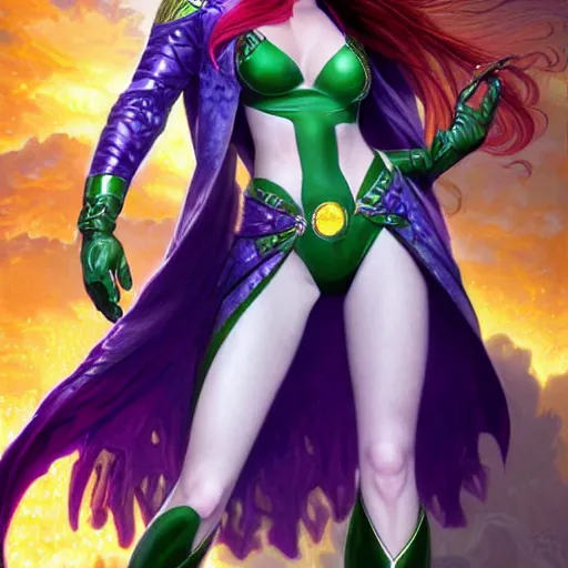 Prompt: ultra realistic illustration, bella thorne as jainway as starfire anime with glowing green eyes, intricate, elegant, highly detailed, digital painting, artstation, concept art, smooth, sharp focus, illustration, art by artgerm and greg rutkowski and alphonse mucha