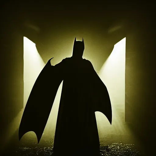 Image similar to scary vampire batman, cinematic lighting, god rays through fog, cape, cave, mood scary, film quality,