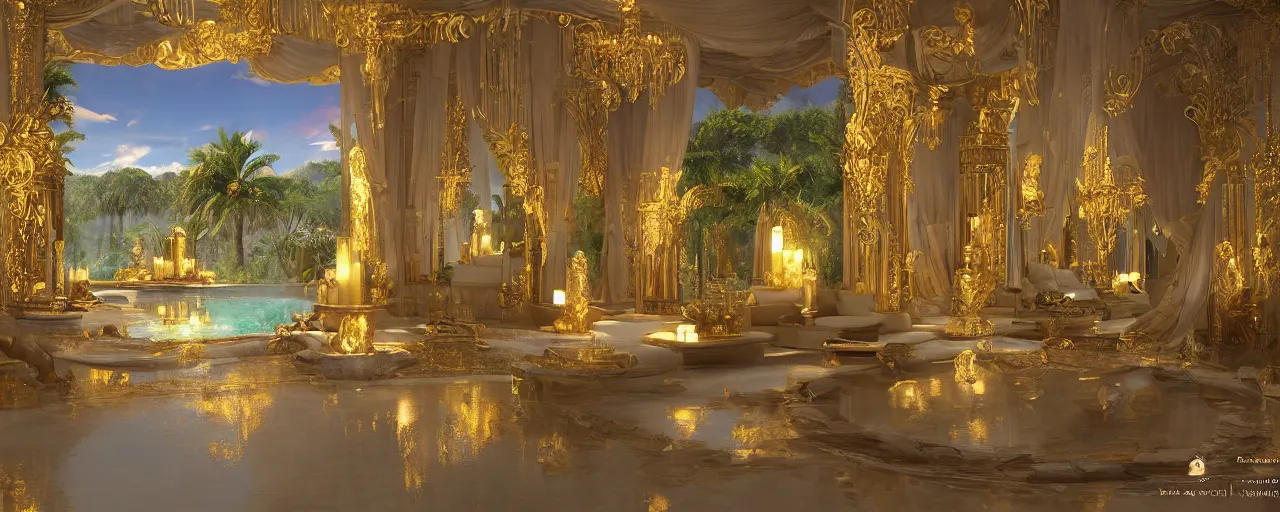 Image similar to surreal hyper luxury spa with intricate golden details with view to arid mountains and palm forest, god rays, candles, ultra detailed, photorealism, sharp focus, volumetric light, global illumination