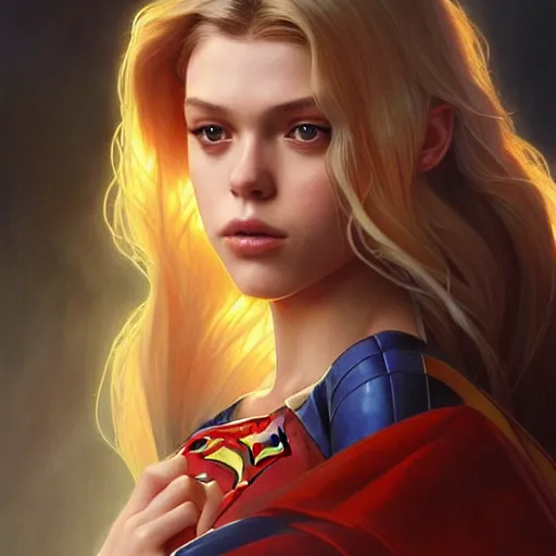 Image similar to beautiful Nicola Peltz as Super Girl, western, closeup, D&D, fantasy, intricate, elegant, highly detailed, digital painting, artstation, concept art, matte, sharp focus, illustration, art by Artgerm and Greg Rutkowski and Alphonse Mucha