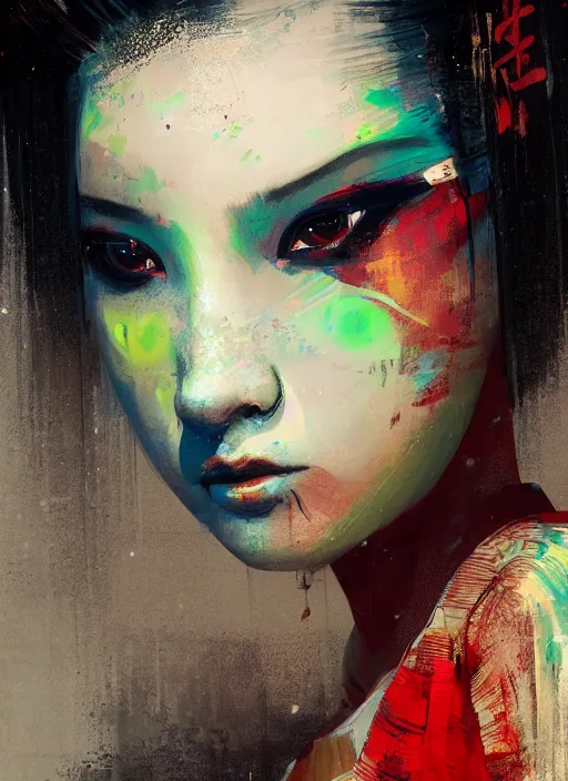 Image similar to female geisha girl, beautiful face, neon, rule of thirds, intricate outfit, spotlight, by greg rutkowski, by jeremy mann, digital painting