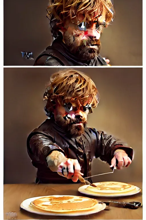 Image similar to tyrion lannister making pancakes animation pixar style, by magali villeneuve, artgerm, jeremy lipkin and michael garmash, rob rey and kentaro miura style, golden ratio, trending on art station