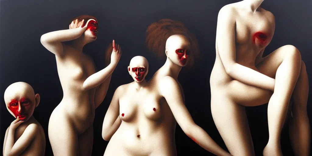 Image similar to the three fates, pain, pleasure, suffering, adventure, love, abstract oil painting by gottfried helnwein