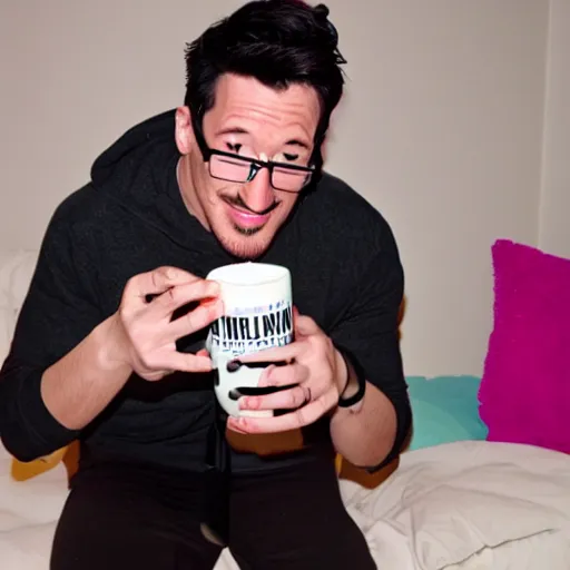 Prompt: markiplier drinking milk, spilling everywhere, overconsumption