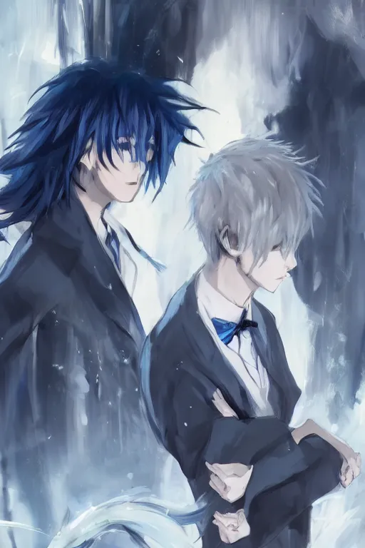 Image similar to anime boy with messy blue hair wearing black long jacket beside another shorter boy with wavy white hair in white formal clothes, wlop, concept art, digital painting, trending on artstation, highly detailed, epic composition, 8 k uhd