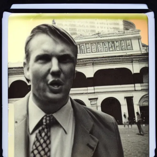 Prompt: vintage Polaroid of Trump vibin' on red square, close up