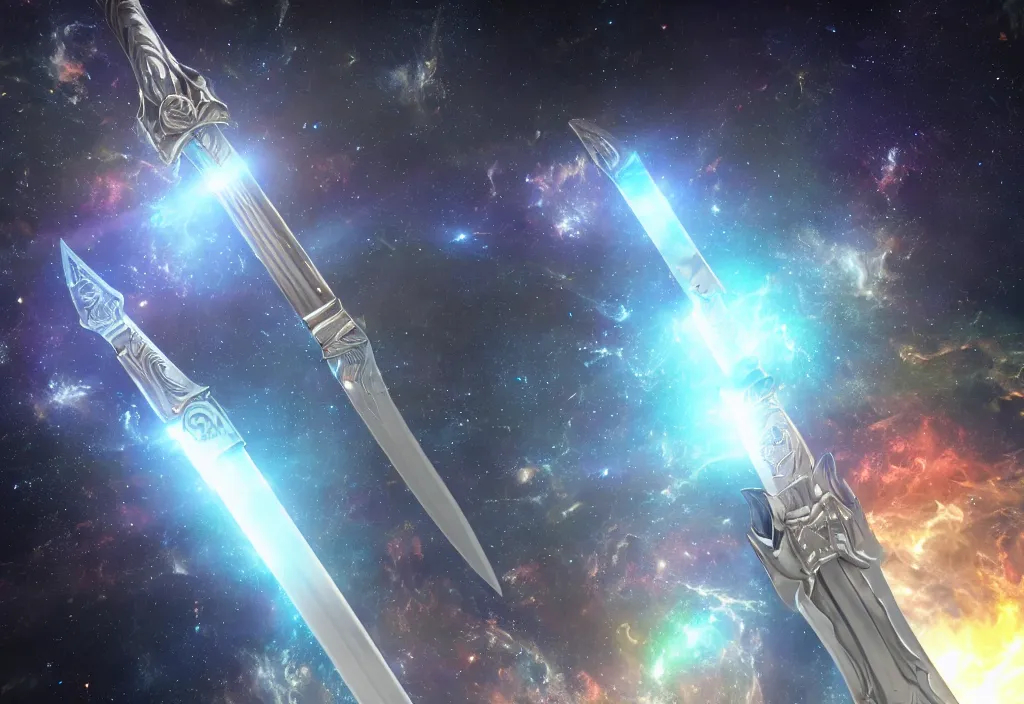 Prompt: a holographic metal sword floating in space reflecting the destruction of the universe, intricate unreal engine 5 creation