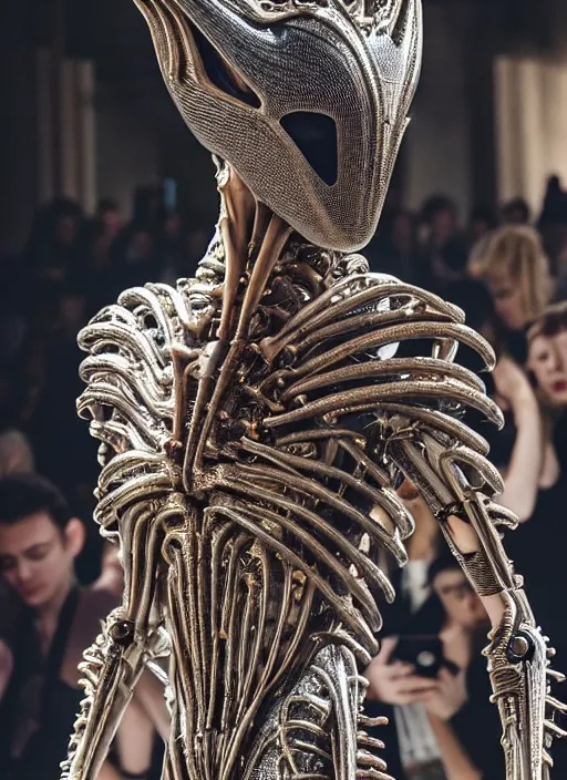 Prompt: walking down the catwalk, show, stage, vogue photo, podium, fashion show photo, iris van herpen baroque dress, beautiful woman, perfect body, full body shot, helmet on face, masterpiece, guyver, giger, biomechanical details, denis villeneuve, movie still, fauvism, cinestill, bokeh