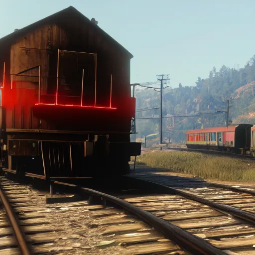 Image similar to A train in red dead redemption 2, screenshot, high quality image, widescreen, in-game engine, 8k, octane render, by greg rutkowski