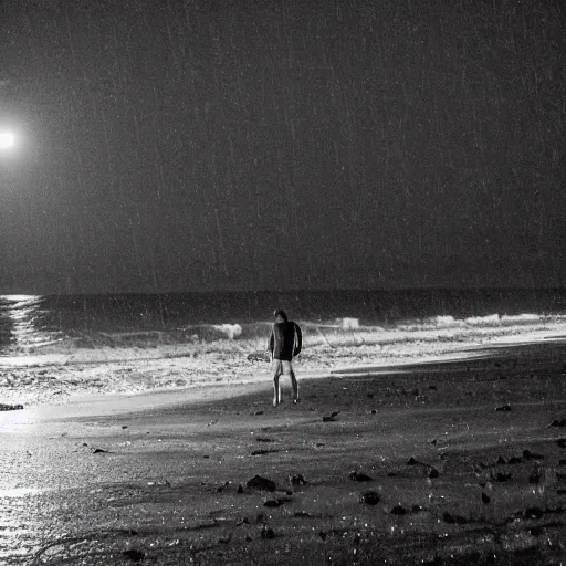 Image similar to guy crying on the beach of vernazzola genova alone. rain. dark. night. broken heart.