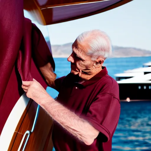 Prompt: wrinkled hunchbacked old man in musty burgundy suit, polishing painting the side of a gold plated mega yacht with a cloth, maintenance photo, wide angle