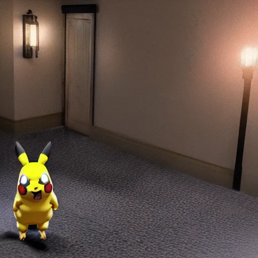 Image similar to 3 d modeled 3 d rendering with specular pbr material of realistic pikachu as a playable character in the videogame dead by daylight holding a chainsaw, pc gpu fov settings, videogame screenshot of pikachus mori animation, dark lighting and heavy fog, playstation 2 graphics