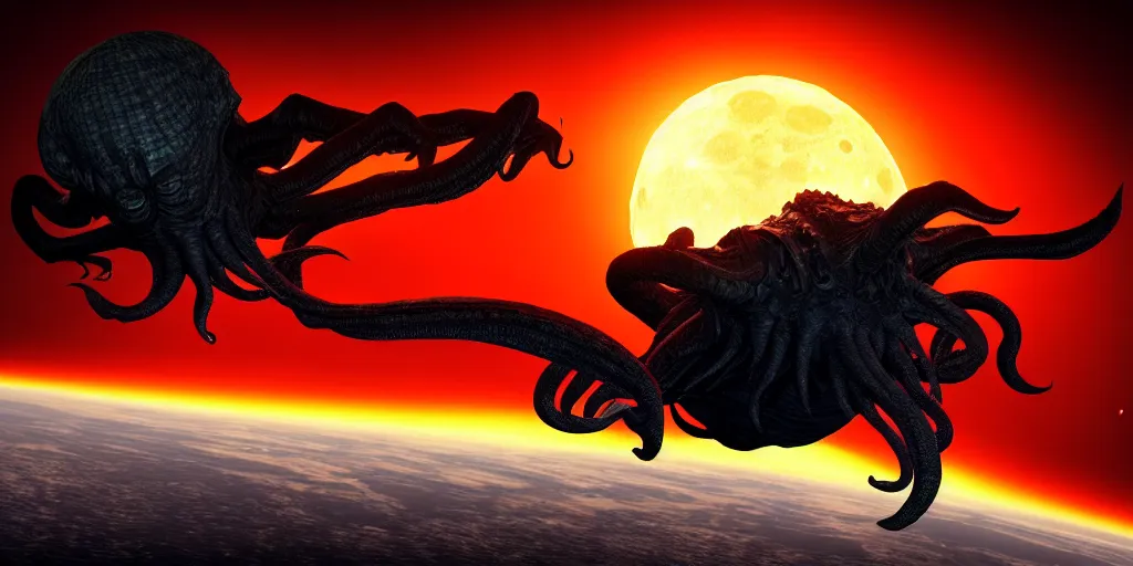 Image similar to giant Cthulhu silhouetted on top of red jetfighter spaceship, photorealistic, wide-angle, long shot, epic, space, lunar backdrop