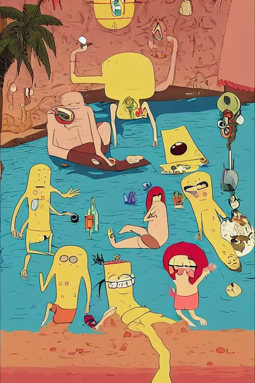 Image similar to beach blanket bingo, body horror, David cronenberg, in the style of Adventure Time