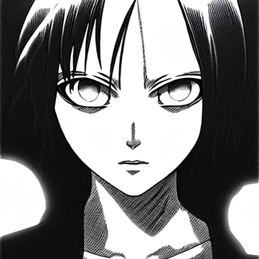 Prompt: alita by yukito kishiro. black tears. medium shot. black and white manga. pencil drawing.