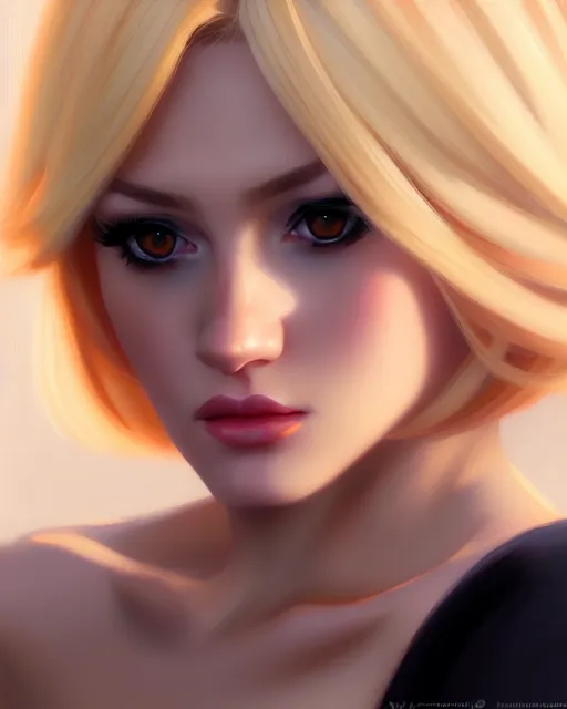 Prompt: a portrait blonde femme fatale woman, Anime. realistic shaded lighting by Ilya Kuvshinov Giuseppe Dangelico Pino and Michael Garmash and Rob Rey, 8K