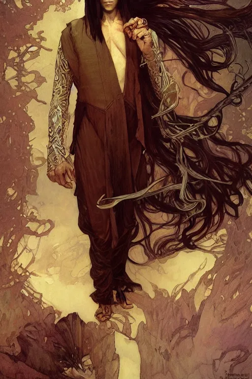 Image similar to skinny male magician, long dark hair, 1920, fantasy, intricate, highly detailed, digital painting, artstation, concept art, smooth, sharp focus, art by art by Artem Demura and Alphonse Mucha, ArtGerm, Valentina Remenar, Gaston Bussiere, Cedric Peyravernay