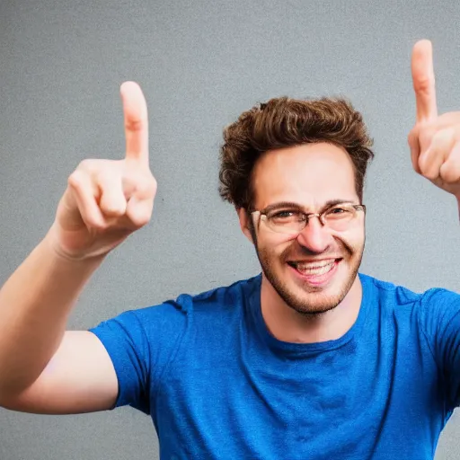 Image similar to stock photo of man smiling and pointing at the camera, white tee-shirt, blue pants, studio shot