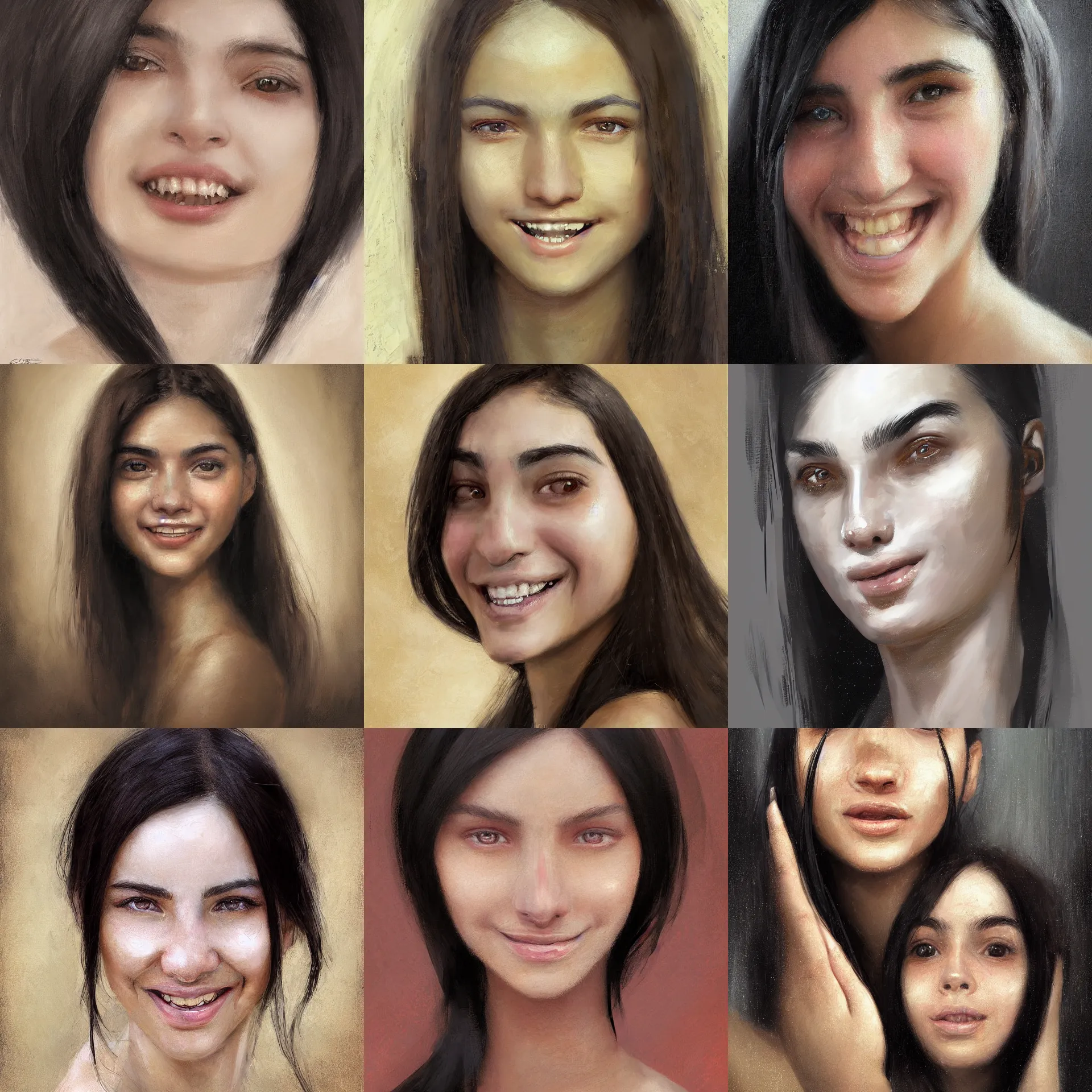 Prompt: digital art portrait painting of a 2 0 years old white skin young latino woman, smiling, long black straight hair, thick eyebrows, very small eyes, small straight nose, strong defined jaw, brown eyes, painted by craig mullins and gaston bussiere and greg rutkowski, symmetrical facial features, symmetrical face, defined facial features, beautiful face, dramatic lighting