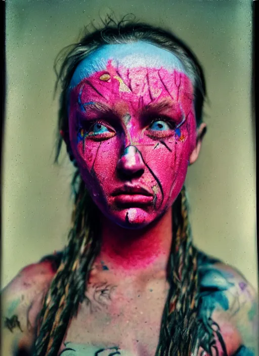 Prompt: detailed color analog medium format photo made by harmony korine, polaroid photo of person with body modifications and facetatoos in american suburbs, high production value, intricate details, 8 k resolution, hyperrealistic, hdr, photorealistic, high definition, tehnicolor, award - winning photography, masterpiece, amazing colors,