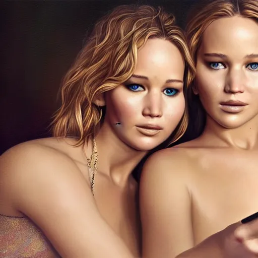 Prompt: beautiful serene intricate portrait of jennifer lawrence and jennifer lawrence taking a selfie, relaxing on the beach, golden hour, soft focus, 8 k, art by irakli nadar, hyperrealism, hyperdetailed, ultra realistic