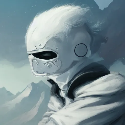 Prompt: white mask, sad frown, lying on the ground, lying on field, mountains in the background, face - up, cinematic effect, shades, highly detailed, artstation, digital painting, by james jean