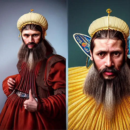 Image similar to Colour Caravaggio and Leonardo da Vinci style full body portrait Photography of Highly detailed Man wearing detailed Ukrainian folk costume designed by Taras Shevchenko with 1000 years perfect face wearing highly detailed retrofuturistic VR headset designed by Josan Gonzalez. Many details In style of Josan Gonzalez and Mike Winkelmann and andgreg rutkowski and alphonse muchaand and Caspar David Friedrich and Stephen Hickman and James Gurney and Hiromasa Ogura. Rendered in Blender and Octane Render volumetric natural light