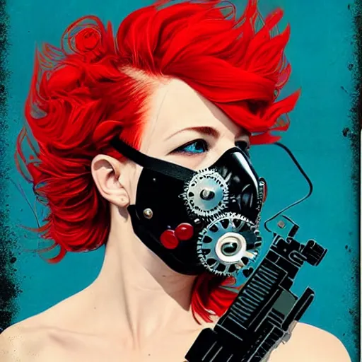 Image similar to portrait of red head woman with a diver mask :: side profile :: in ocean :: guns and bullets :: metallic clockwork details :: gold and petals pattern :: blood and horror :: by marvel and Sandra Chevrier