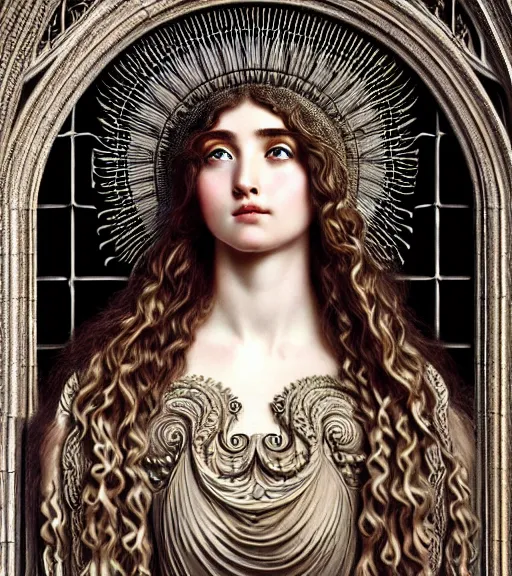 Image similar to hyperrealistic detailed portrait of a beautiful long haired young goddess morphing into a gothic cathedral, authentic ornamental architecture, art by ernst haeckel, john william godward, android jones, h. r. giger, gothic, neo - gothic, heavily ornamental,