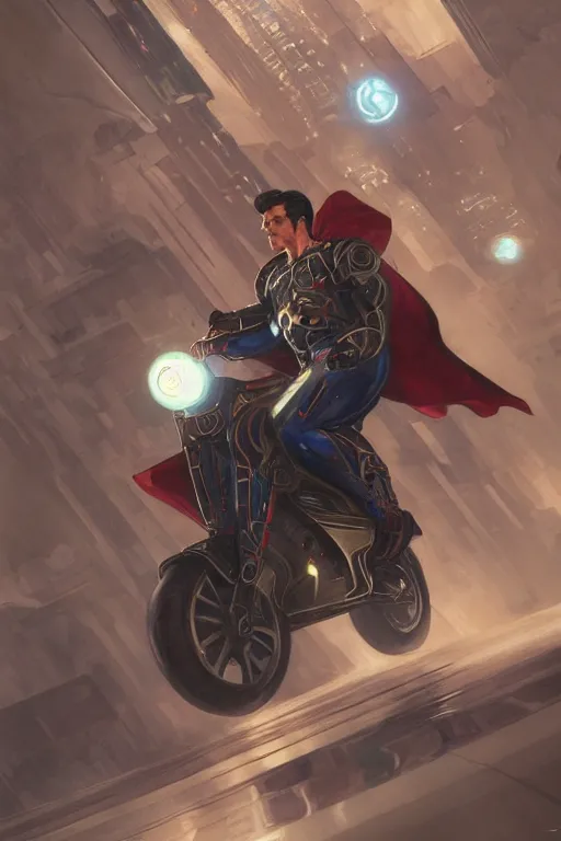 Prompt: superman riding a Segway, cyberpunk, intricate, elegant, highly detailed, digital painting, artstation, concept art, smooth, sharp focus, illustration, art by artgerm and greg rutkowski and alphonse mucha