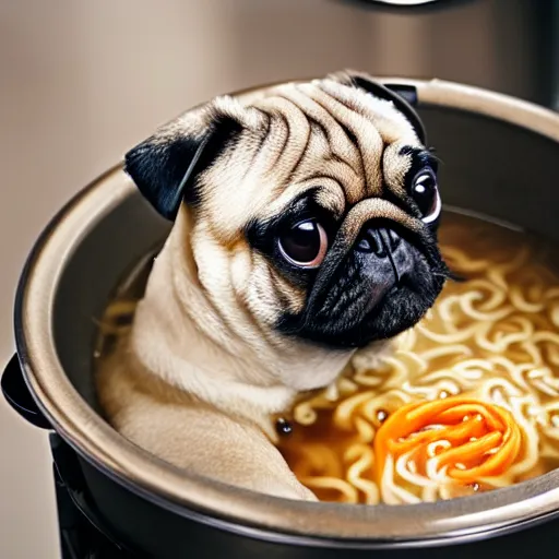 Image similar to An adorable pug sitting in a pot of ramen noodle soup atop a stove, high resolution photograph