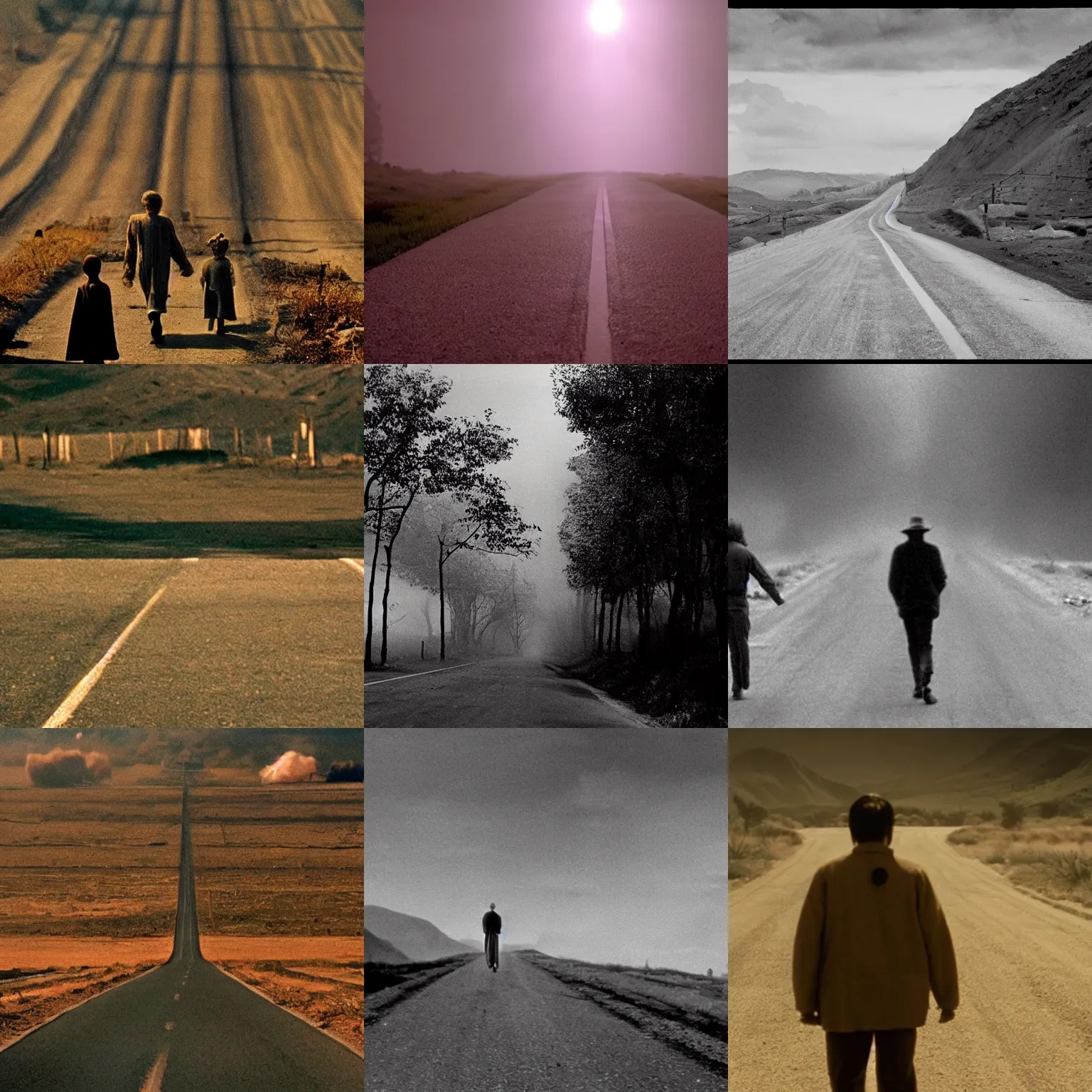 Prompt: road that leads to hell impermanence of life avant garde roger deakins cinematography