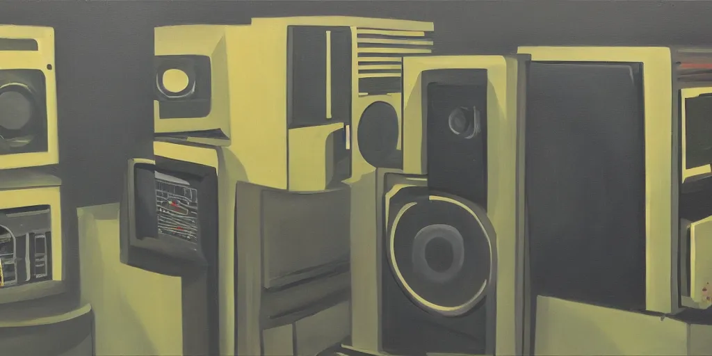 Prompt: oil paint on canvas, art deco style, 1950s computers with tape drives rewinding