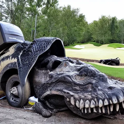 Prompt: one large alligator chained up next to a very large mound of trash, papers, junk, and golf cart parts