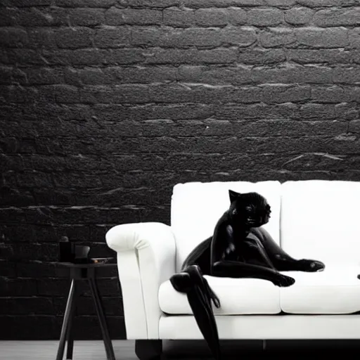 Image similar to a shiny black goo covered panther laying on a white couch in a living room, dripping black goo. digital art, photography, latex, reflective. highly detailed, 4 k, photograph