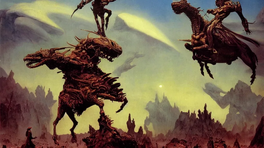 Image similar to surreal eerie alien planet empire, an alien army on a horse like creatures by frank frazetta and bruce pennington, cinematic matte painting