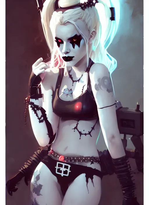 Image similar to portrait of cute goth harley quinn girl with crown of thorns in cyber bikini armor, warhammer, cyberpunk, by atey ghailan, by greg rutkowski, by greg tocchini, by james gilleard, by joe gb fenton, by kaethe butcher, dynamic lighting, gradient light blue, brown, blonde cream and white color in scheme, grunge aesthetic