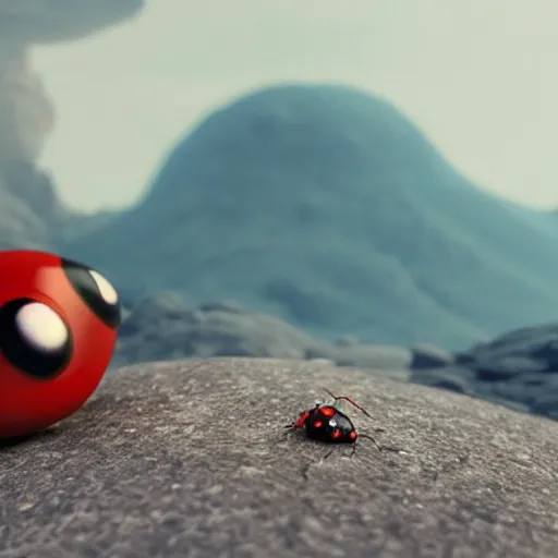 Image similar to promotional still wide angle, a mountain - sized ladybug roams a barren wasteland, dramatic lighting, ( e. t. the extra - terrestrial ), batteries not included, harry potter, octane 3 d render, imax, 7 0 mm.