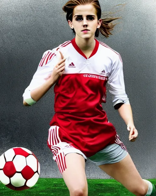 Image similar to a portrait of emma watson as a lokomotiv football player, hyper realistic