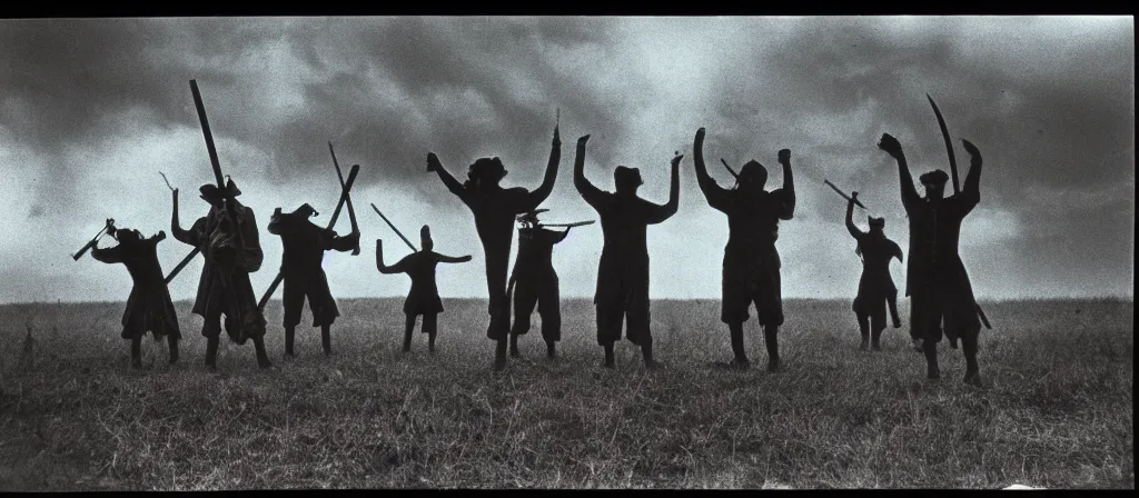 Image similar to circa 1 9 7 0 s restored 1 3 mm film photograph of a group of clowns in a field holding machetes at night, liminal, dark, thunderstorm, dark, flash on, blurry, ominous lighting