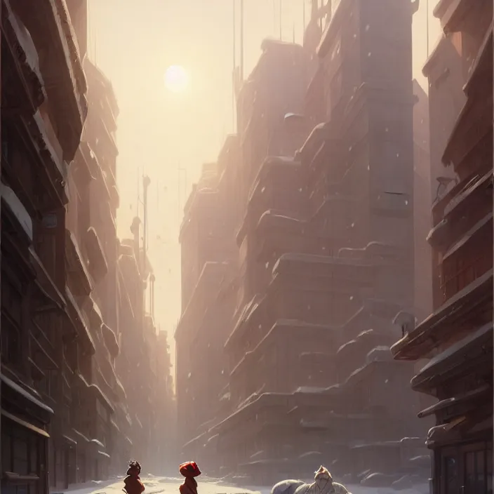 Prompt: empty huge city, winter, in the style of studio ghibli, j. c. leyendecker, greg rutkowski, artem