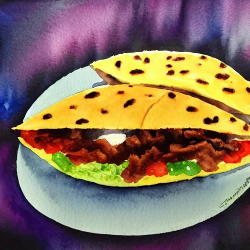 Image similar to a watercolor painting of a taco bell crunchwrap supreme, super high quality