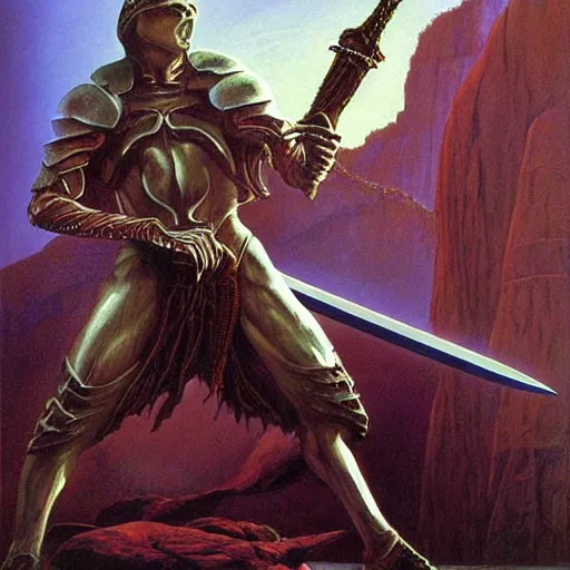 Image similar to fantasy sword concepts, painting by Wayne Douglas Barlowe ,