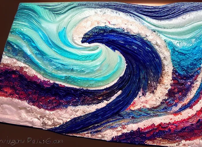 Image similar to an ocean wave transformed in resin and fossialized, colors, pale, highlights, artistic