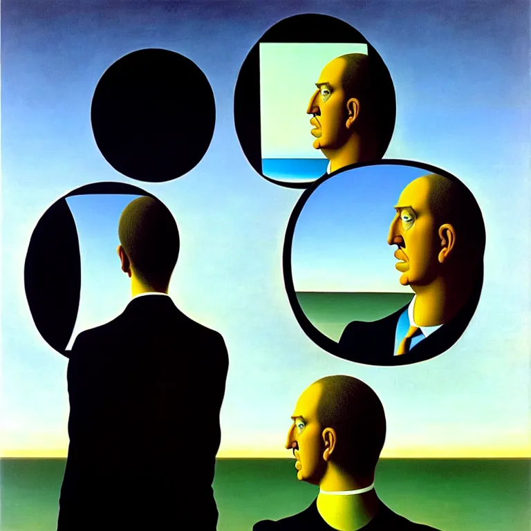 Image similar to a man looks into his own reflection and sees nothing, by rene magritte and salvador dali, surreal, oil on canvas, hyper detailed, vivid