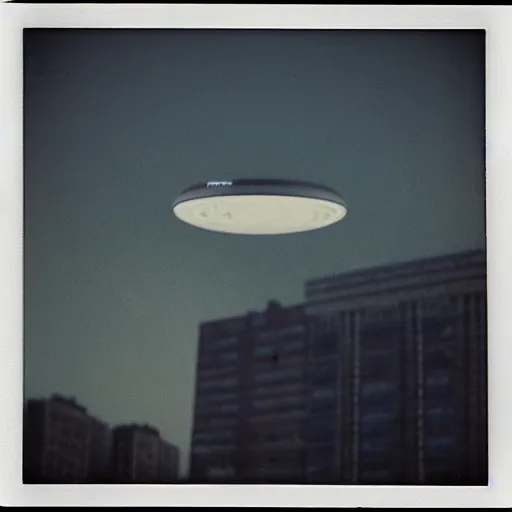 Image similar to a ufo flying over a city, distant!, blurry photo, old polaroid, expired film, historical photo,