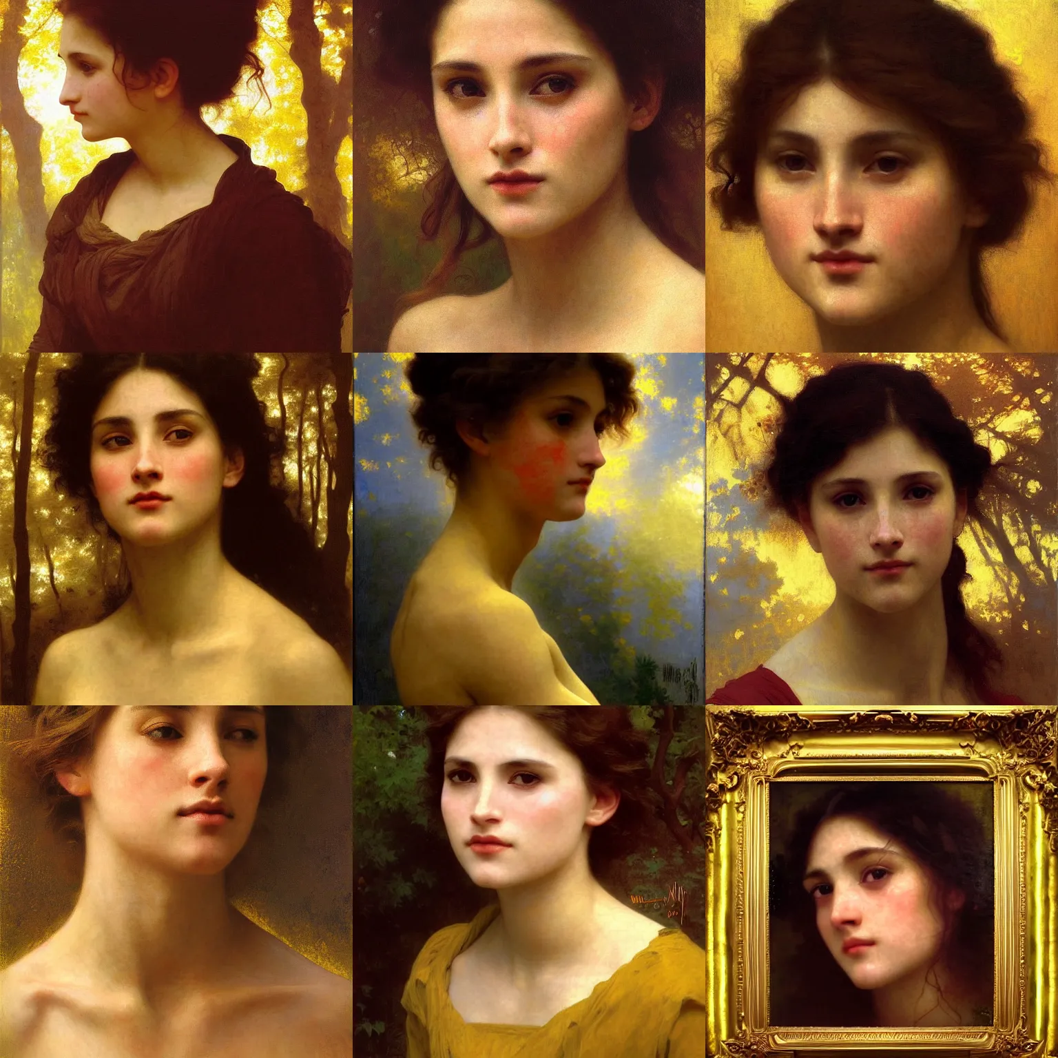 Prompt: finished portrait of a beautiful!!!!!! womans face, by william adolphe bouguereau, waterhouse, craig mullins, ruan jia, gustave klimt, masterpiece, golden hour, rim light, forest!!, bold color, yellow, bright blue eyes, gold leaf, shining, blue sky, chiaroscuro