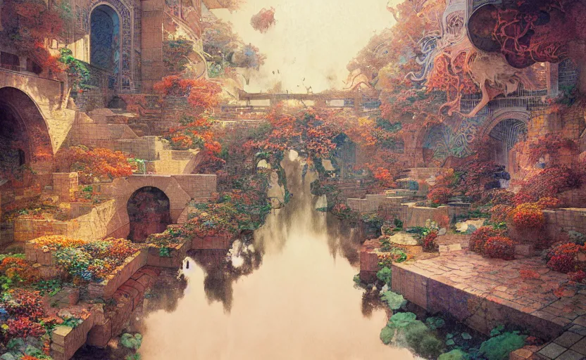 Image similar to tiled room squared waterway, aqueducts, fantasy. intricate, amazing composition, colorful watercolor, by ruan jia, by maxfield parrish, by marc simonetti, by hikari shimoda, by robert hubert, by zhang kechun, illustration, gloomy