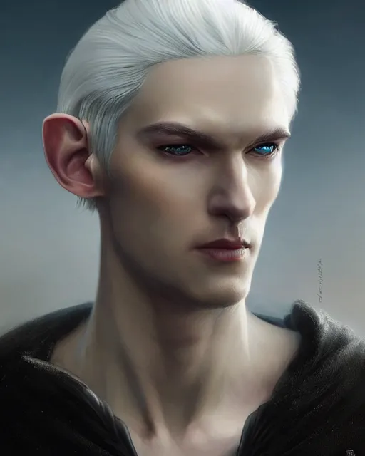 Image similar to character portrait of a slender young half elven man with white hair, piercing blue eyes, and pale blue skin, wearing sleek pearlescent black armor, by greg rutkowski and mark brookes and jim burns and tom bagshaw and magali villeneuve, trending on artstation